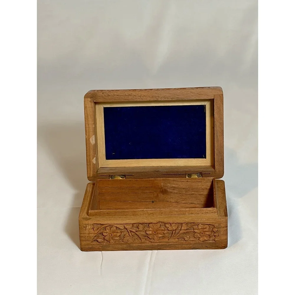 Carved Hinged Wooden Floral Trinket Box, Brown Rectangle Decorative Box